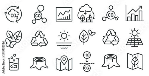 Eco and environment outline icons set – linear, sustainability, recycling symbols