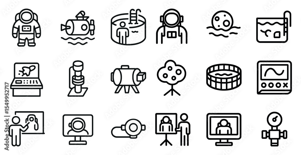 Fototapeta premium Space exploration outline icons set – solid, linear, cosmic technology symbols