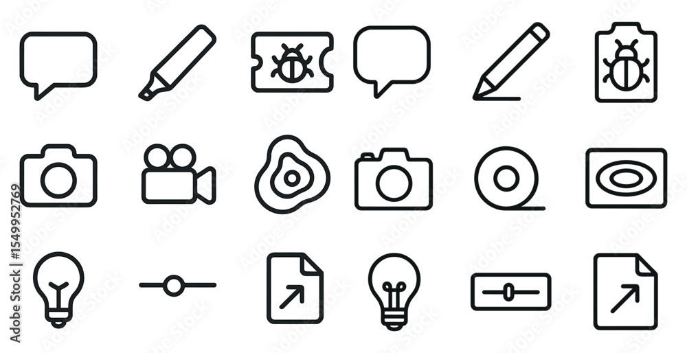 Creative communication icons set – outline style, messages and media symbols