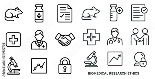 Biomedical ethics outline icons set – linear, medical, healthcare symbols