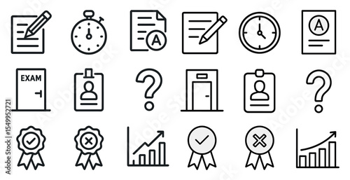Exam and assessment line icons set – linear, outline, test and evaluation graphics