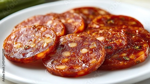 Catalan sausage Fuet slices, isolated on white, showcasing the rich flavor and texture of cured meats.