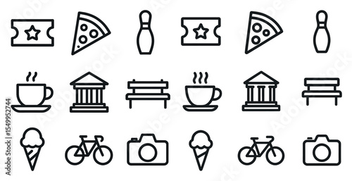 Entertainment and leisure icons set – outline, vector, activity and hobby symbols