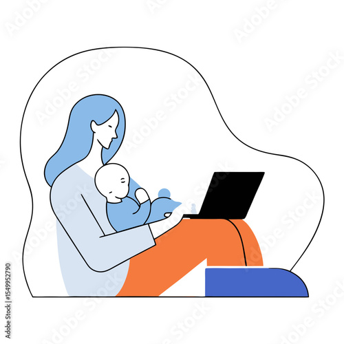 Woman working on laptop with baby icon