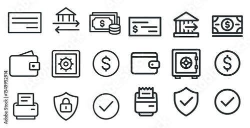 Banking and finance line icons set – outline, transaction, security symbols
