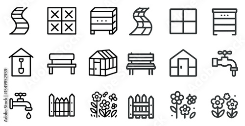 Construction and garden outline icons set – solid, linear, building and outdoor tools