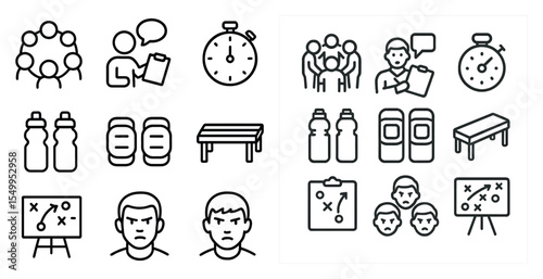 Teamwork and coaching outline icons set – linear, sports, and management symbols