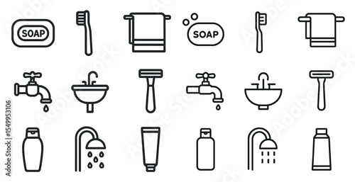 Personal hygiene outline icons set – minimalist, line, bathroom essentials collection