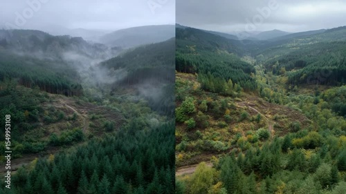 Aerial view of evergreen forests and landscapes in two different climatic conditions