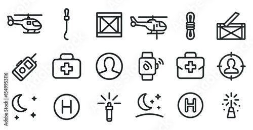 Rescue and emergency line icons set – outline, safety, survival and aid symbols