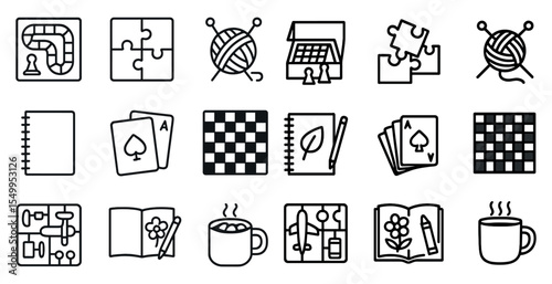 Board games and hobbies line icons set – outline, leisure, entertainment graphics