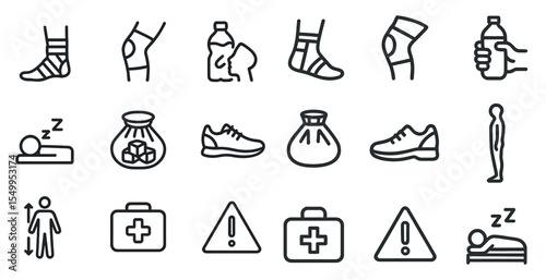 Fitness and rehabilitation icons set – outline, linear, health and wellness symbols