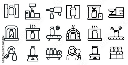 Manufacturing and production outline icons set – linear, industrial, factory symbols
