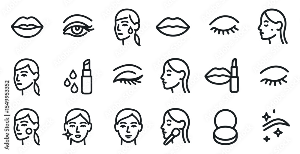 Fototapeta premium Beauty and makeup line icons set – outline, cosmetics, skincare symbols