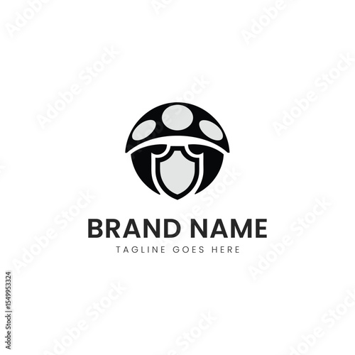 Stylized logo design featuring a mushroom with a protective shield, symbolizing safety and nature�s power. The monochromatic scheme enhances its modern appeal.