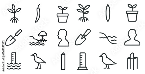 Gardening outline icons set – linear, planting, horticulture and cultivation symbols