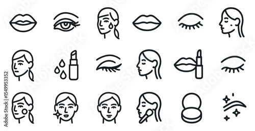 Beauty and makeup line icons set – outline, cosmetics, skincare symbols