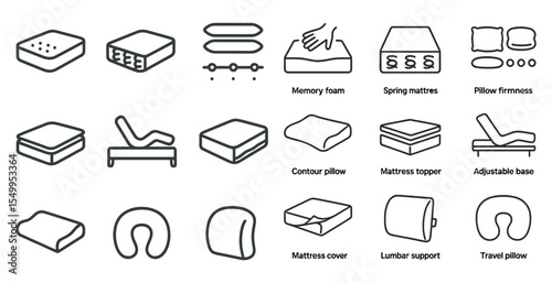Sleep and comfort outline icons set – line, pillow, mattress, bedding essentials