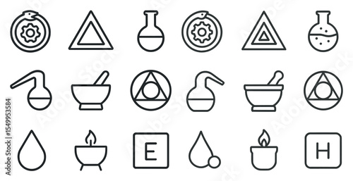 Alchemy and chemistry line icons set – outline, linear, science and laboratory symbols