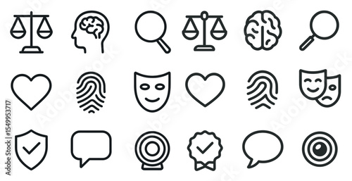 Law and psychology outline icons set – legal, mental health, justice symbols