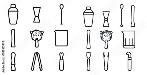 Cocktail and bar tools outline icons set – linear, mixology, bartender essentials