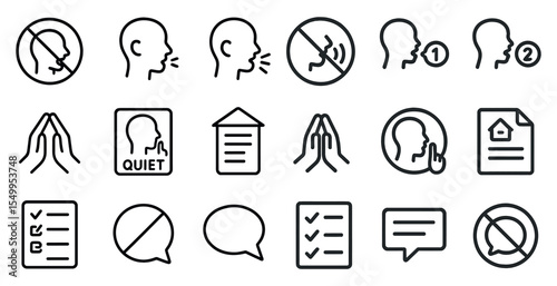 Communication and alert outline icons set – silent, mute, notification symbols