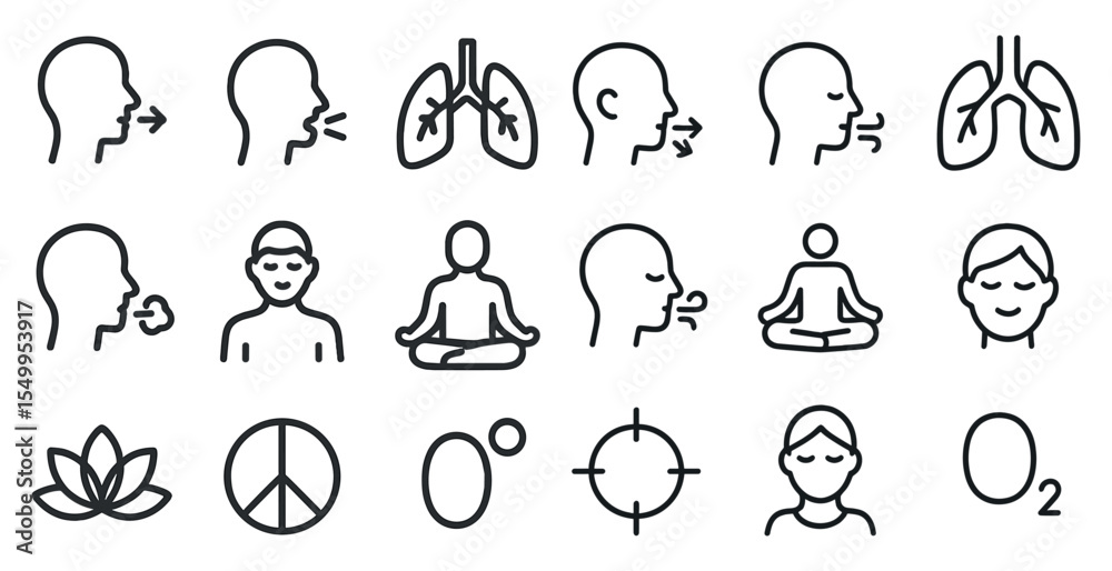 Fototapeta premium Breathing and meditation line icons set – outline, wellness, calmness symbols
