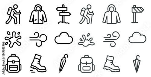 Hiking and outdoor line icons set – flat, outline, trekking and nature symbols