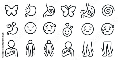 Emotional health outline icons set – mood, wellness, psychological symbols collection