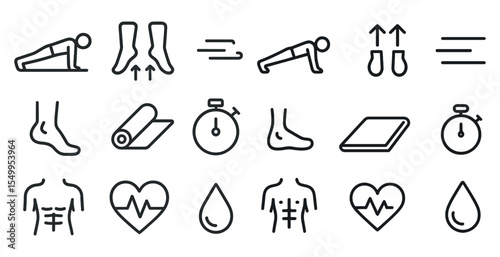Fitness workout line icons set – gym, exercise, health and wellness symbols