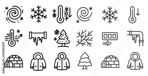 Winter weather outline icons set – line, cold, frost and chilly season symbols