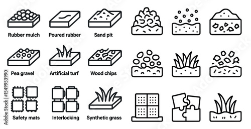 Playground safety flat icons set – solid, outline, recreation and surface materials