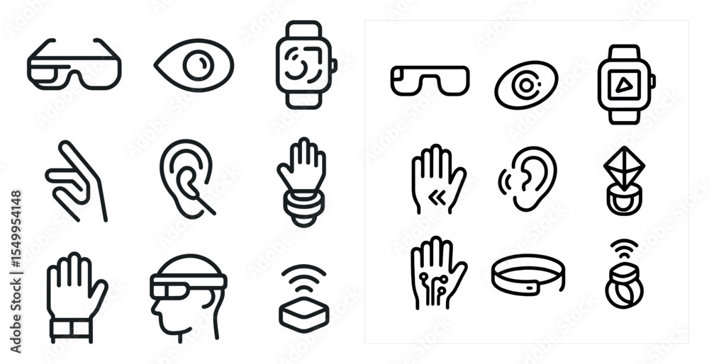 Fototapeta premium Wearable tech and gadgets linear icons set – outline, wearable devices, smart tech symbols
