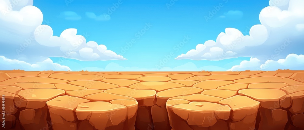 Obraz premium Dry Cracked Ground Under Blue Sky with White Clouds and Horizon