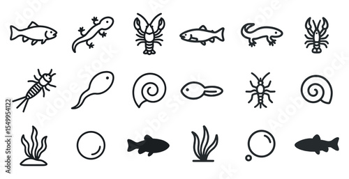 Aquatic and marine life line icons set – outline, linear, sea and ocean creatures