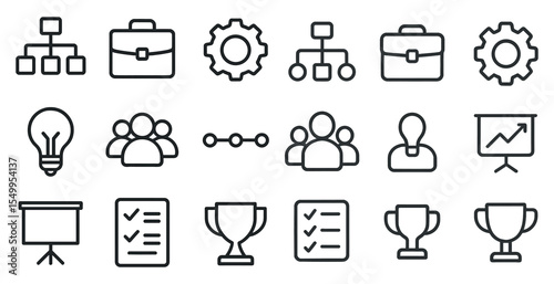Business and office outline icons set – flat, professional, corporate symbols
