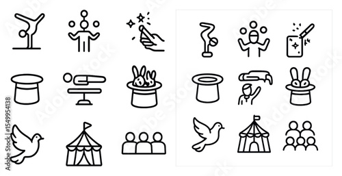 Magic and circus outline icons set – linear, line, entertainment and festival symbols