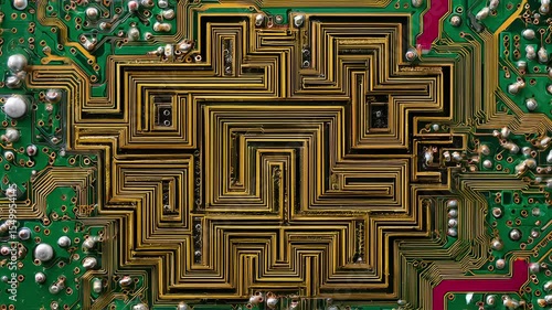 Electronic Circuit Board with Complex Traces and Components close up details
