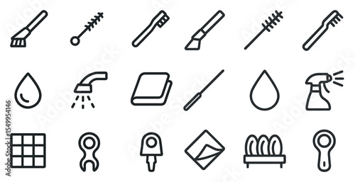 Cleaning and hygiene outline icons set – tools, equipment, sanitary symbols