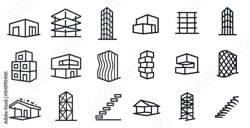 Architecture and construction outline icons set – linear, structural design symbols