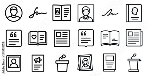 Profile and document outline icons set – linear, line, avatar and paperwork symbols