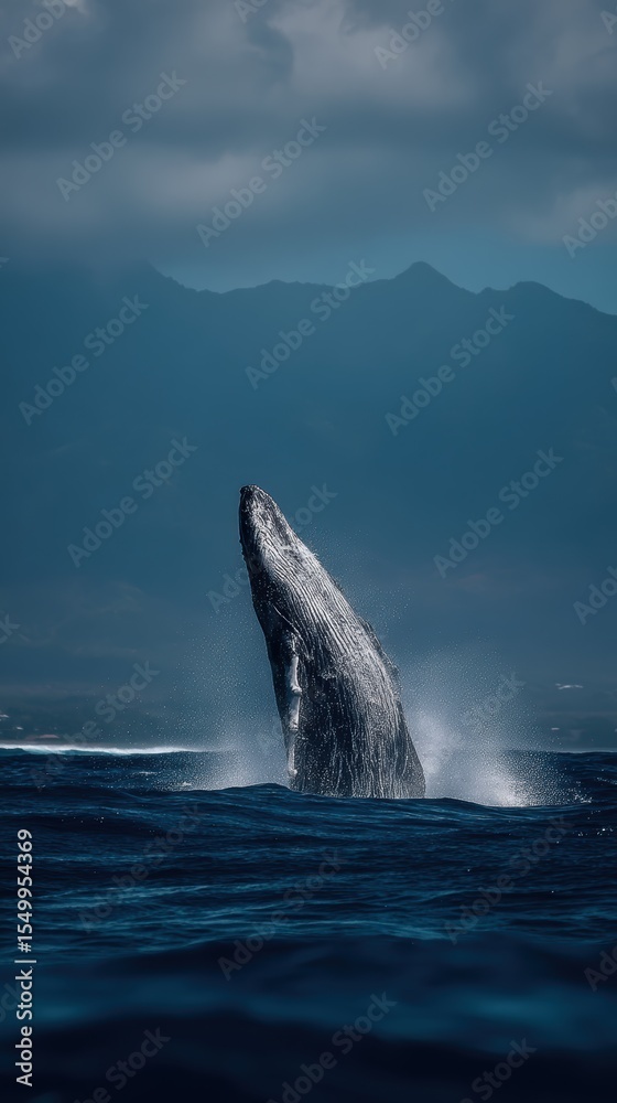 Fototapeta premium Whale breaching ocean surface with spray arcs on a softly blurred horizon backdrop under bright sky light