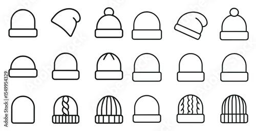 Winter beanie outline icons set – hat, cap, cozy and cold weather symbols
