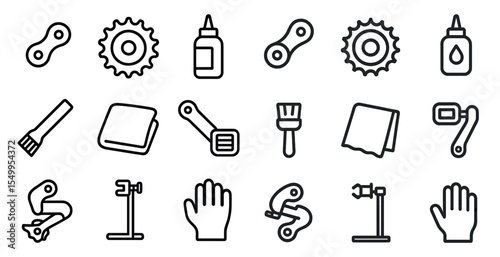 Bicycle maintenance outline icons set – flat, linear, cycling and repair symbols