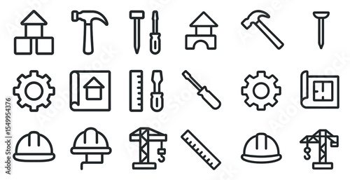 Construction and tools outline icons set – linear, line, building and repair visuals