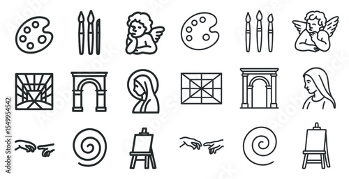 Art and creativity outline icons set – linear, line, design and inspiration symbols