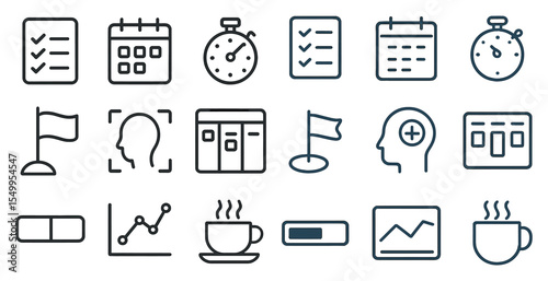 Time management outline icons set – linear, task planning and productivity symbols