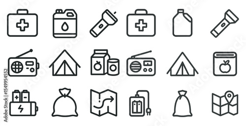 Outdoor and camping icons set – outline, linear, adventure and survival symbols