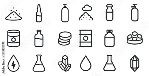 Chemical industry outline icons set – lab equipment, scientific and laboratory symbols