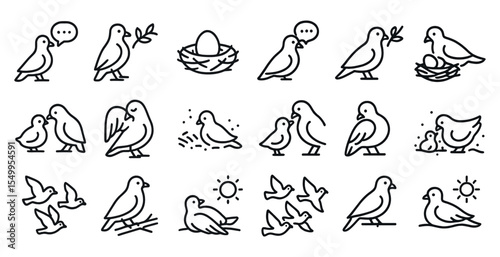 Birdwatching outline icons set – silhouette, linear, nature and wildlife symbols